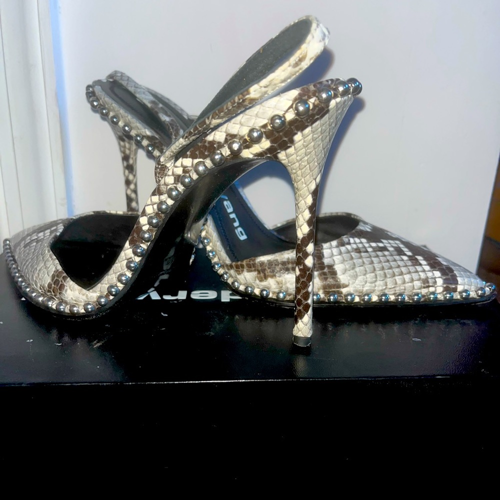 Alexander Wang snakeskin, black, white gray with silver studs point toe
